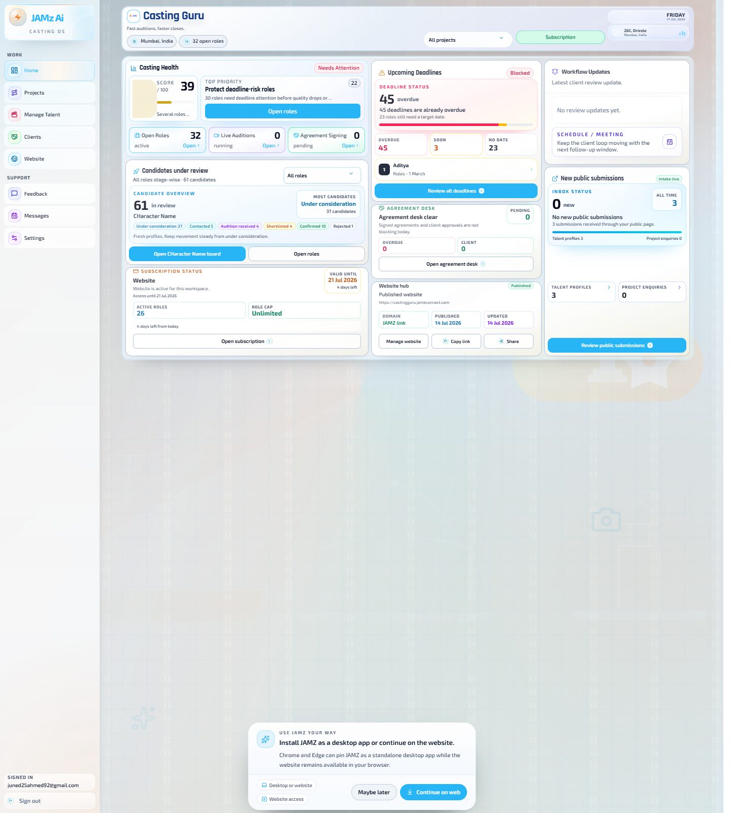 JAMz AI casting dashboard